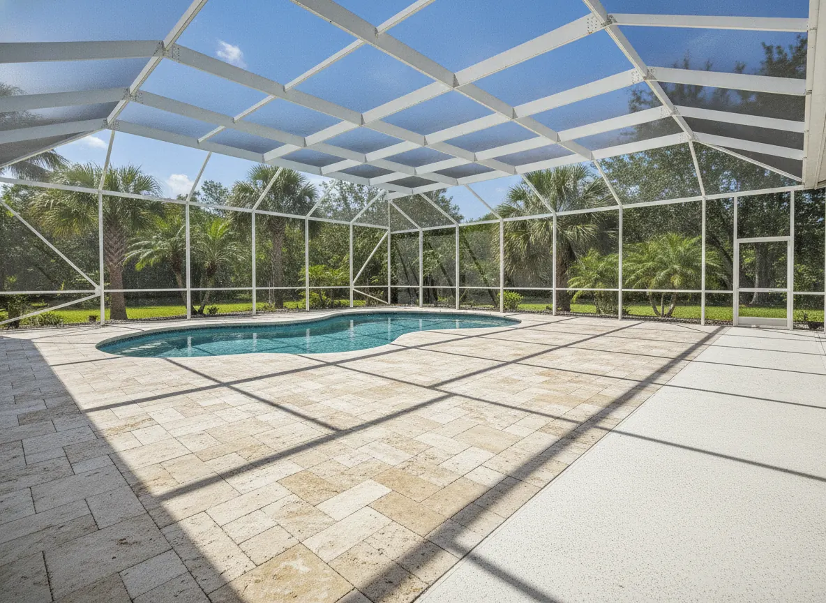 Pool deck with new travertine pavers beside an in-ground pool