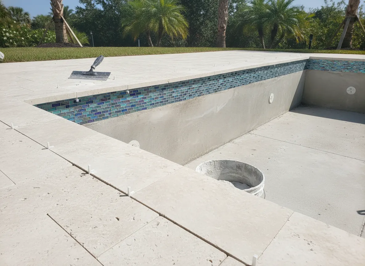 New waterline tile and travertine coping set along a pool edge